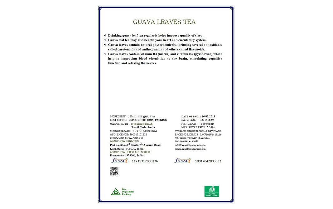 Mystique Hills Organic Guava Leaves Tea   Box  100 grams